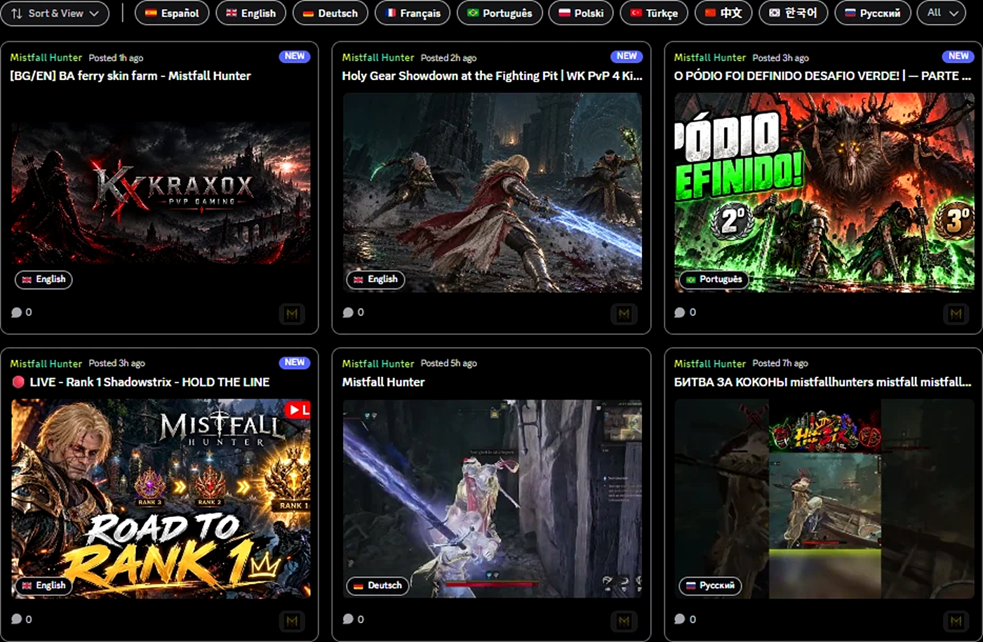 Discord forum with Mistfall Hunter YouTube videos tagged by language